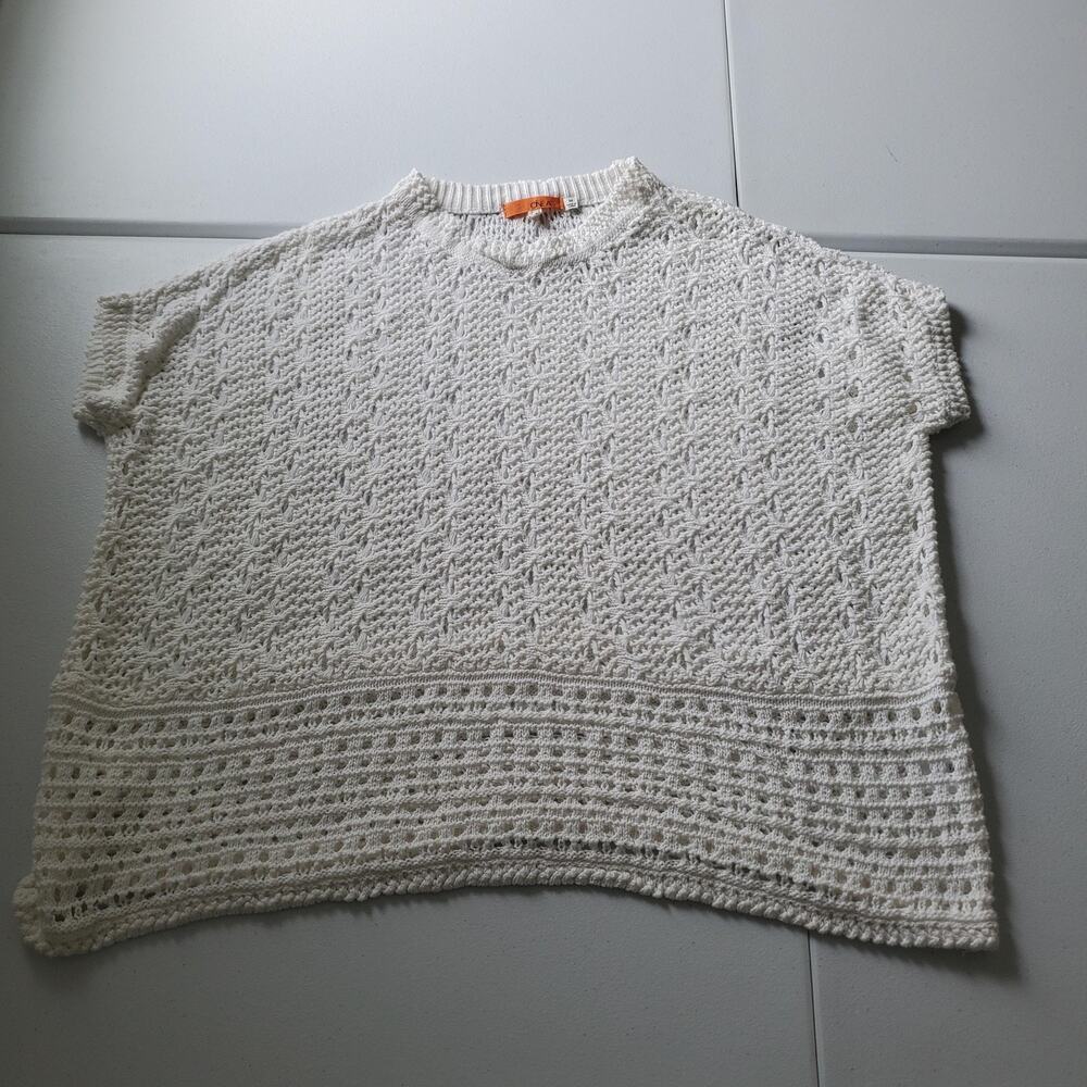 One A Sweater Womens Medium White 100% Cotton Crochet Short Sleeve Knit Pullover